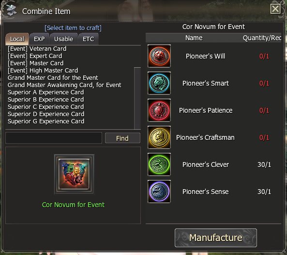 Combine Item: the whole list, with the Cor Novum for Event recipe on the right.