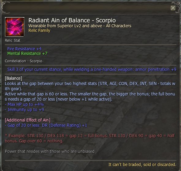 A Radiant relic: two relic stats, the Scorpio constellation on skill 3, and the Balance source with its Additional Effect.