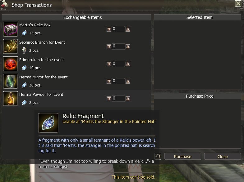 The Relic Shop: Mertis's Relic Box, Primordium, Herma Mirror and Herma Powder cost Relic Fragments; the Sephirot Branch costs 2 Elemental Jewels.