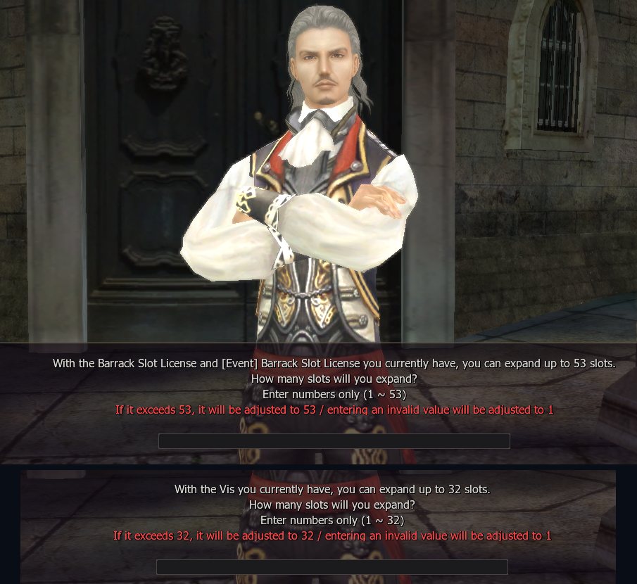 The barrack NPC works out how many slots your licenses or your Vis cover and asks how many you want: 53 with the licenses in this family, 32 with its Vis.