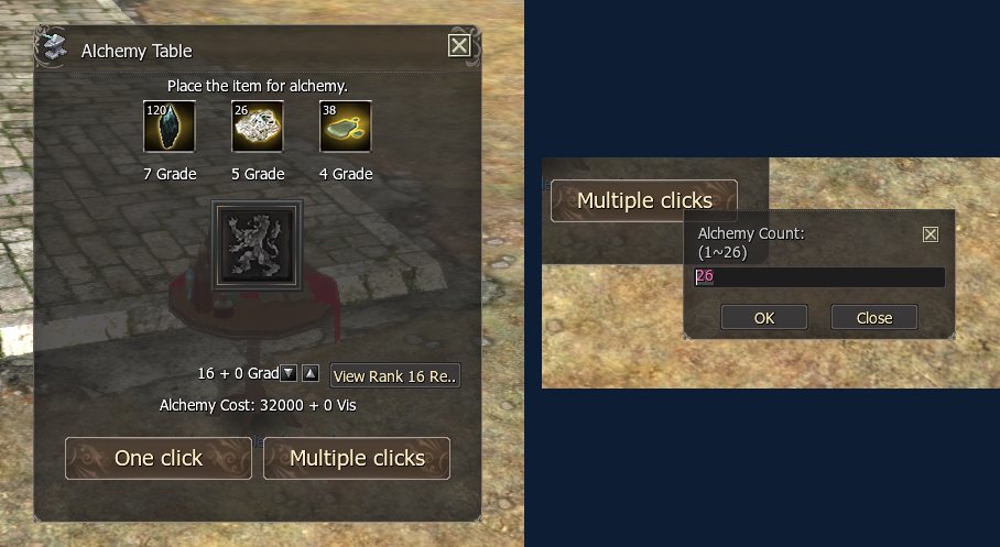 Alchemy Table: One click or Multiple clicks, which asks how many runs you want (up to 26).