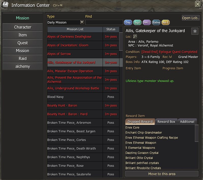 Information Center (Ctrl+M): every mission with its conditions, boss stats and rewards, a star to favourite it and a button to travel there.