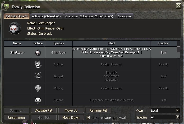 Family Collection (Alt+P): your pets with their buff effects; the other tabs are Artifacts, Character Collection and Storybook.
