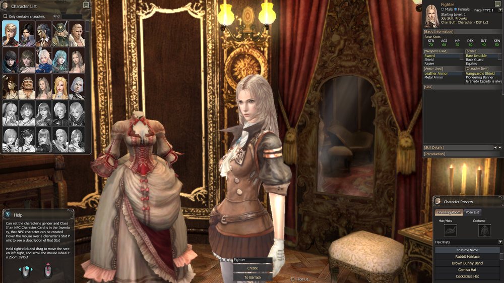 Character creation: every character with stats, weapons, stances and a costume preview, card or no card.