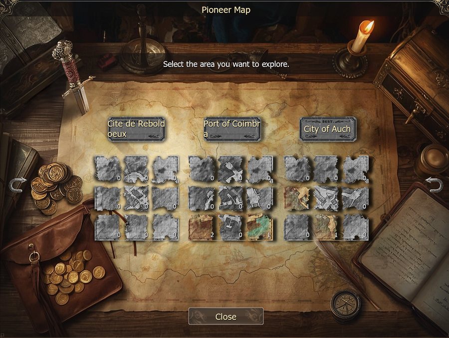 The Pioneer Map window (Alt+Ctrl+M): nine pieces per town, the number under a piece is how many fragments of it you hold.