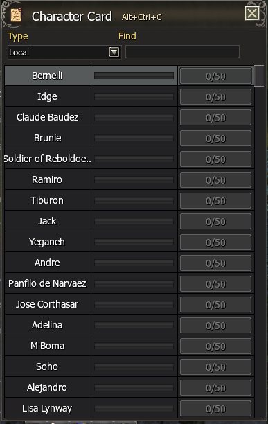 Character Card window (Alt+Ctrl+C): 50 fragments of a character make its card.