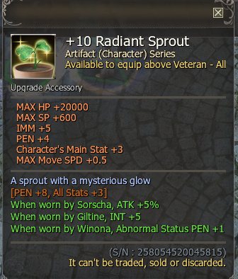 A character artifact at +10: the reinforcement bonus is the block at the top.