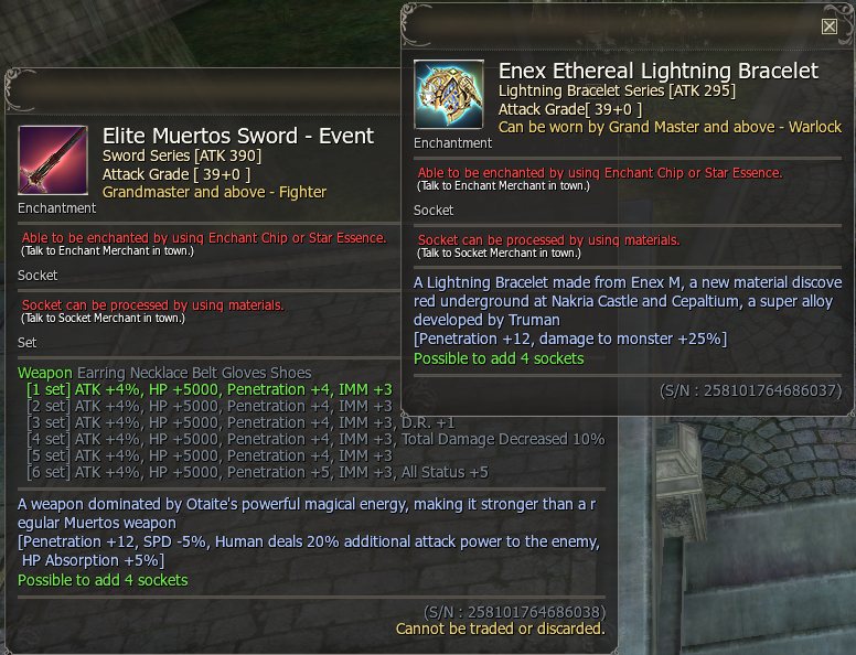 An Elite Muertos weapon and an Enex Ethereal weapon side by side. Muertos: Penetration +12, attack speed -5%, damage to humans +20%, HP absorption +5% and the six-piece set list. Enex: Penetration +12 and damage to monsters +25% built in. Both take four sockets.