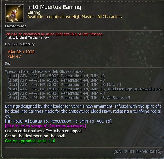 Muertos Earring at +10 with the full set list.