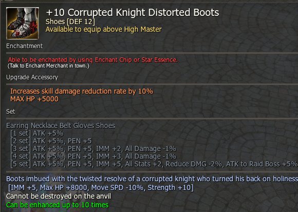 Corrupted Knight Distorted Boots at +10 with the raid boss set list.