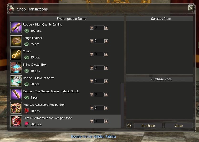 Patricia's shop: the Elite Muertos Weapon Recipe Stone costs 100 fragments, the Muertos Accessory Recipe Box 10.
